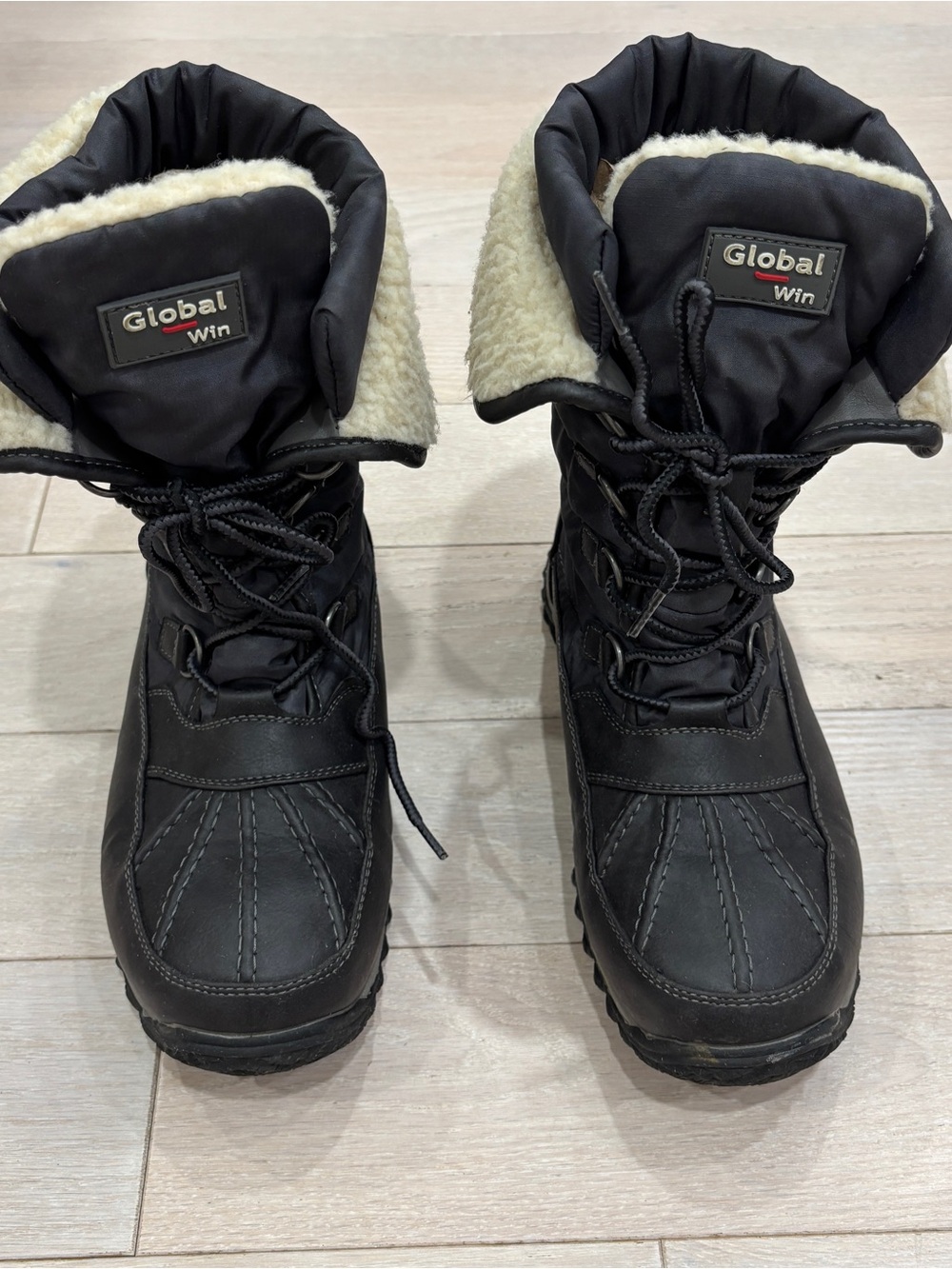 Global Win Black Lace-Up Winter Boots with Cream Shearling Cuff